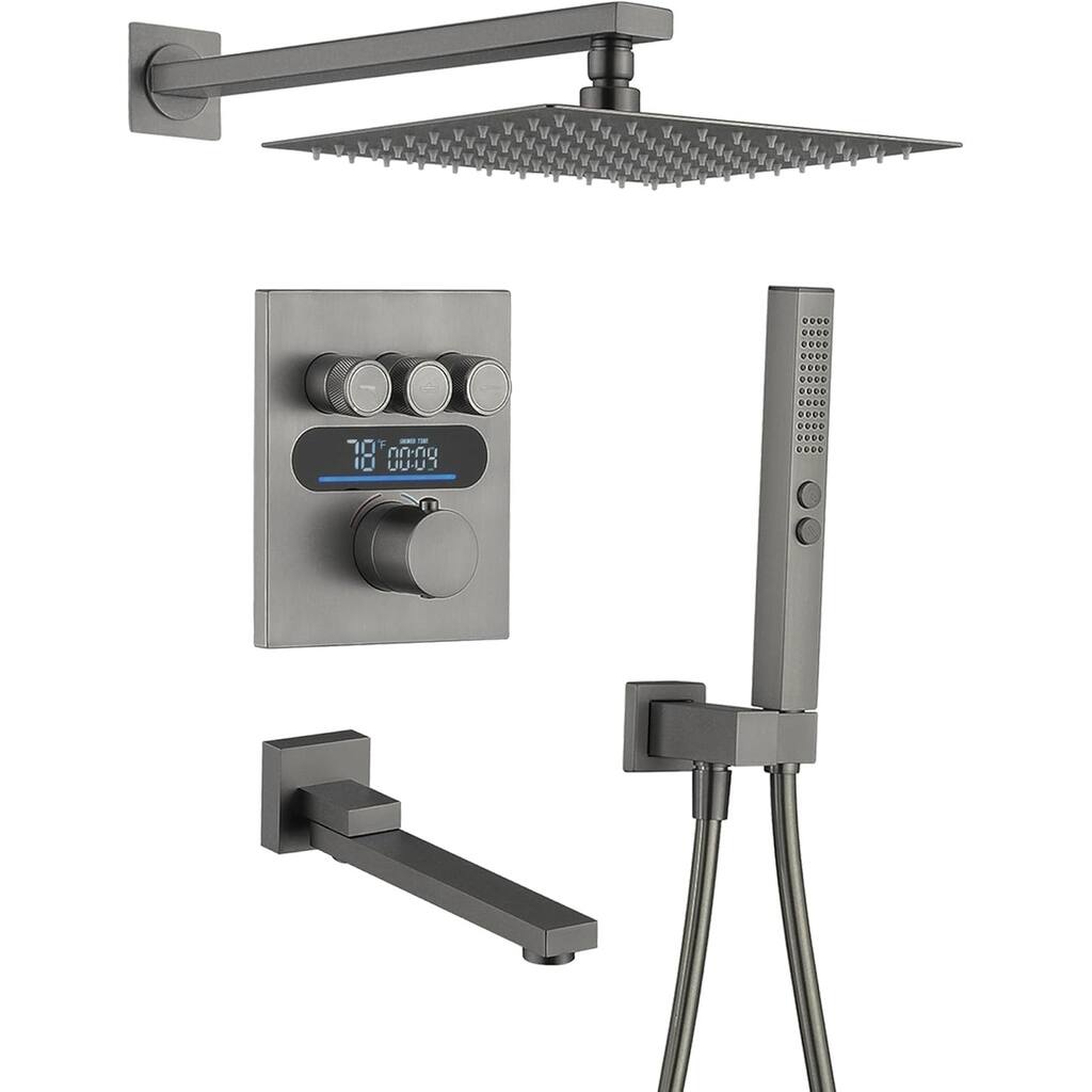 Lefton Shower System in Fahrenheit Display, 10” Overhead Shower Head with Handheld Spray Showerhead and Bathtub Faucet, SSWM2502