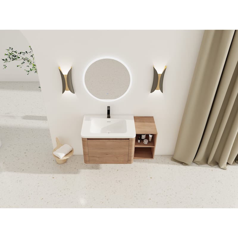 40'' Wall-Mounted Bathroom Vanity with White Ceramic Sink and Storage Shelves & 1-Soft-Close Door, KD-Packing, Plywood