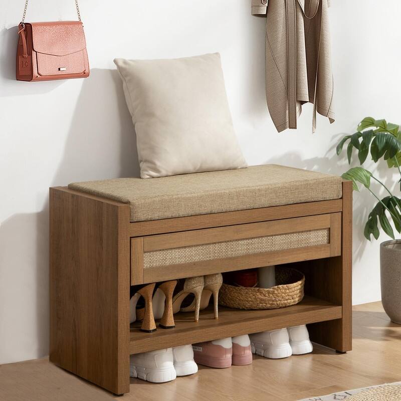 Rattan Shoe Bench - 14.8"D x 31"W x 19.7"H