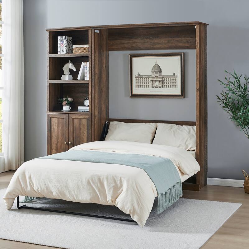 Half Self-Close and Open Murphy Bed with 2 Side Cabinet Storage Shelf