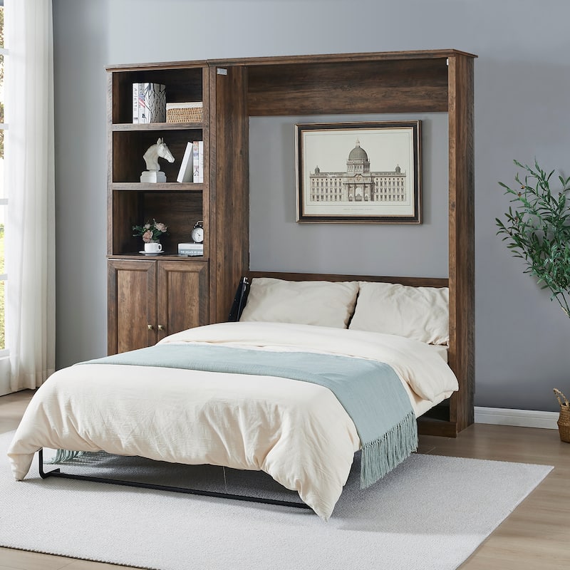 Space-Saving Modern Murphy Bed with Dual Piston Lift - Foldable Platform Bed Convertible Hidden Cabinet Design Cube Cabinet Bed - Brown with Cabinet - Full