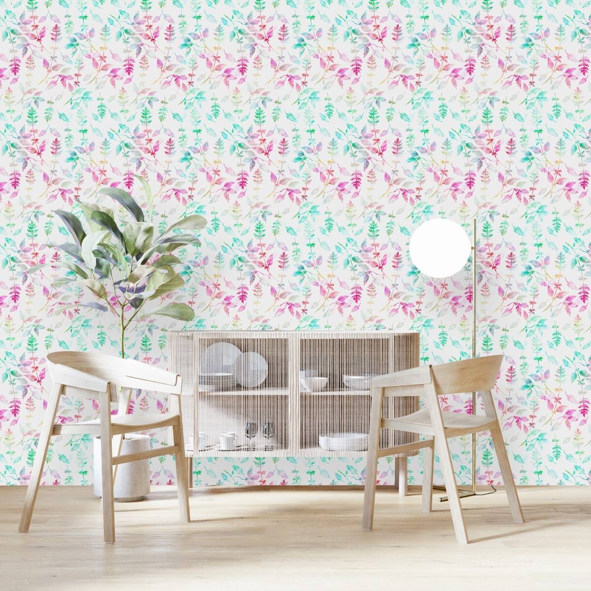Green and Pink Leaves Wallpaper Peel and Stick and Prepasted Bed Bath