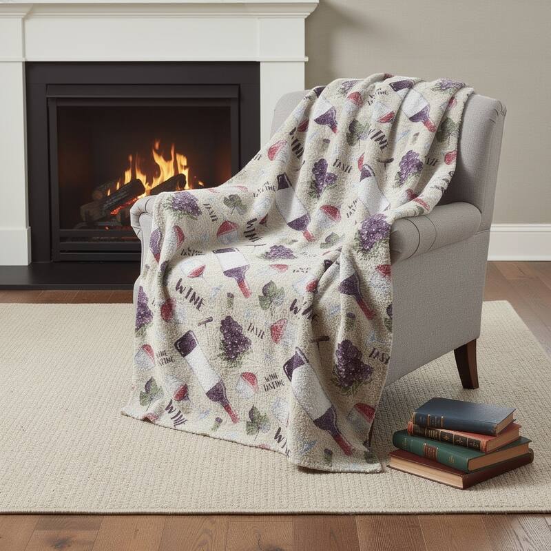 HomeRoots 50" X 70" Ivory Purple And Green Wine Tasting Microfiber Plush Throw Blanket - Throw - Green/Purple/Ivory