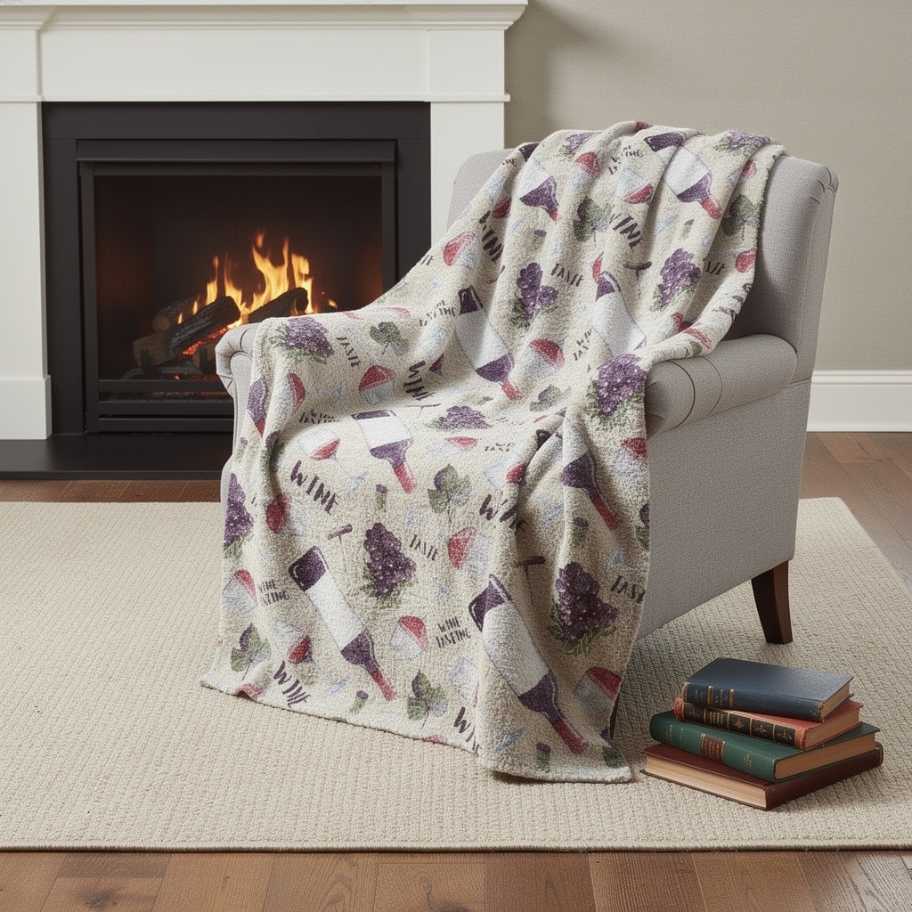 HomeRoots 50" X 70" Ivory Purple And Green Wine Tasting Microfiber Plush Throw Blanket