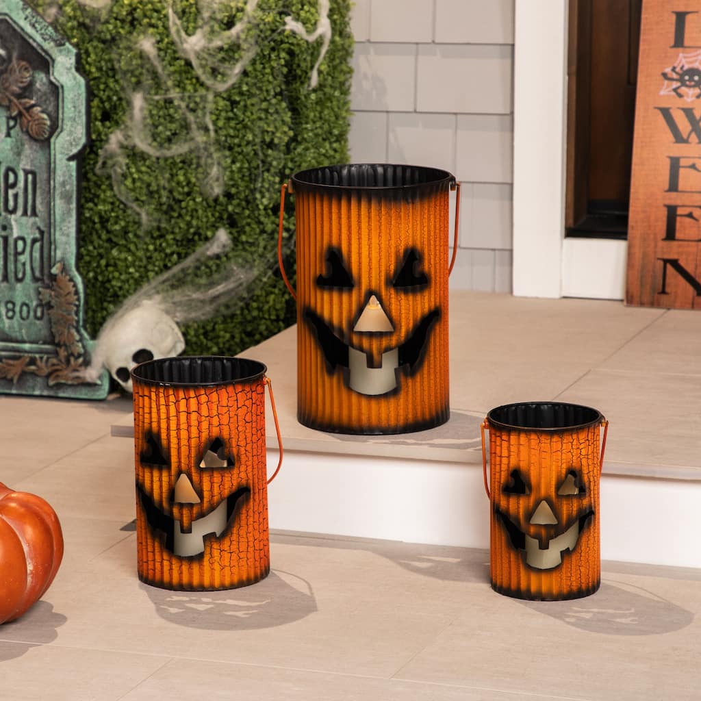 3 Piece Black Orange Metal Pumpkin Lantern Set Halloween Decoration
