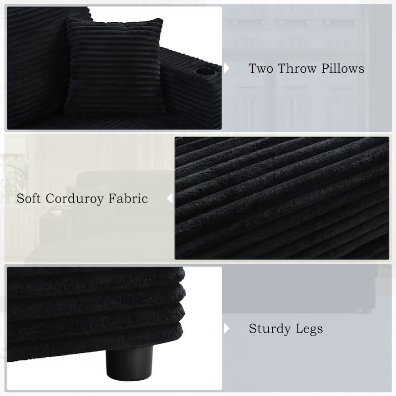 86.5" Corduroy Chaise Lounge Sofa Bed with USB Ports, Cup Holders and 8" Thick Cushions