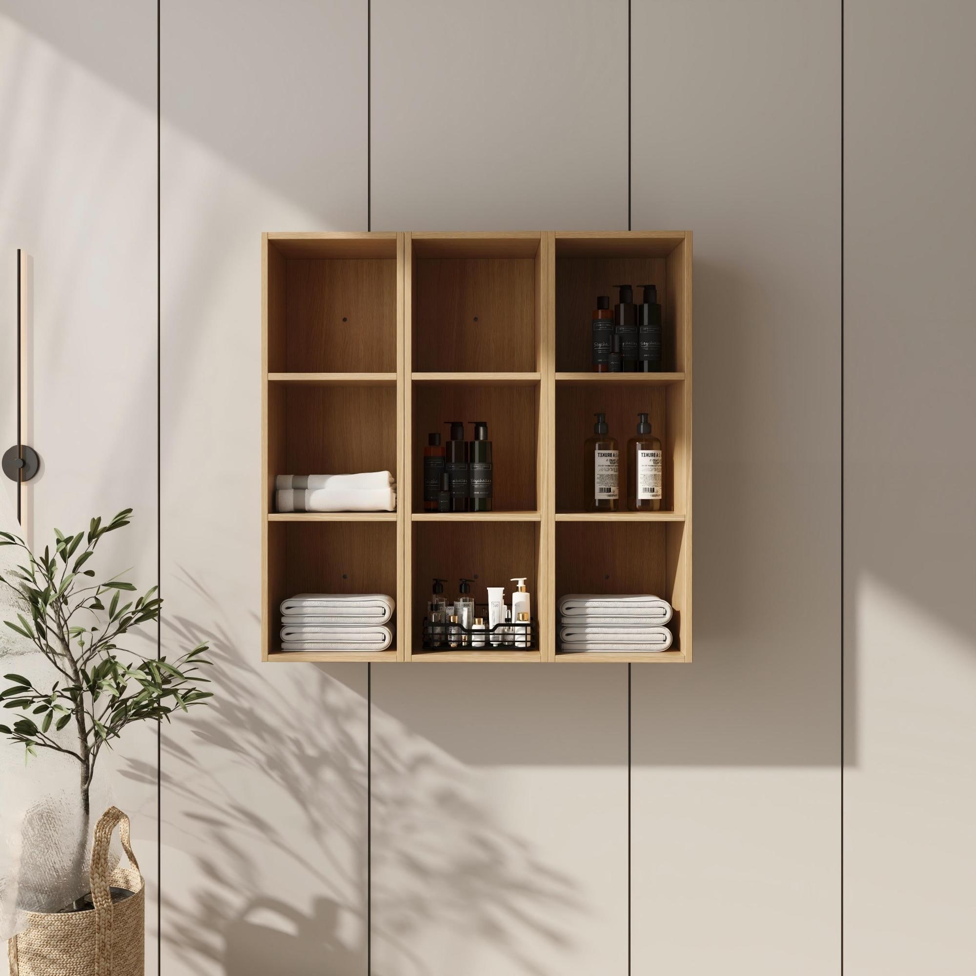 Roomfitters 36 Inch Wall Mounted Storage Shelves Combination, 9 Cubby Open Floating Bathroom Organizer