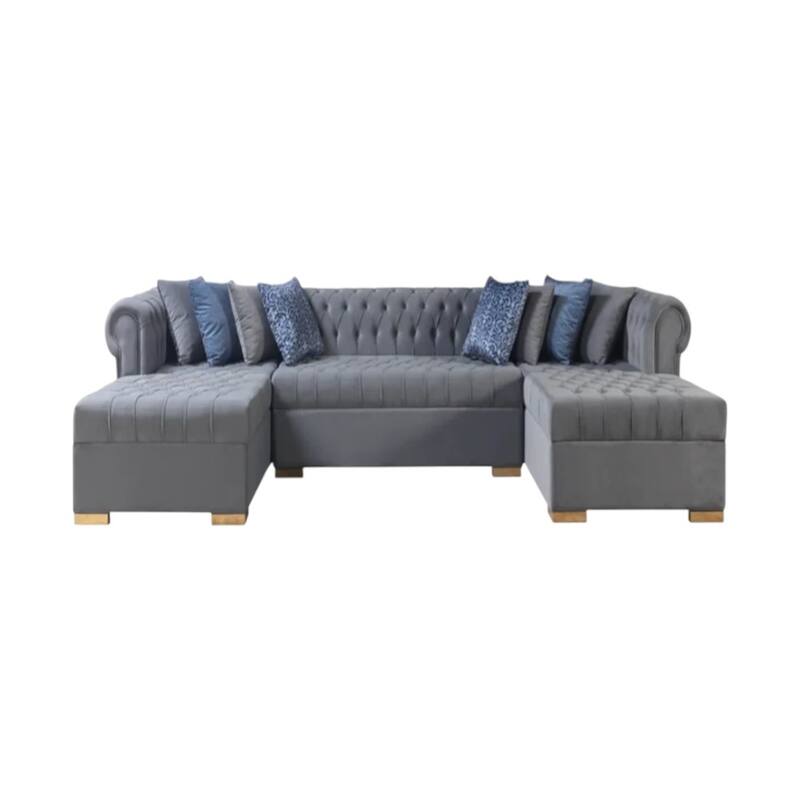 HomeRoots Gray Velvet U Shaped Three Piece Sofa and Chaise Sectional With Toss Pillows