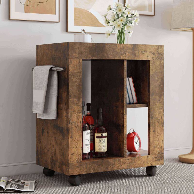 Rolling Sofa Side Table with Storage Compartments, Magazine Rack & Handle - Multi-Purpose Home Organizer