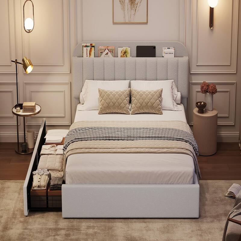 Twin/Full Bed Frame with 2 Flexible Drawers and Bookcase Headboard, Boucle Upholstered Platform Bed for Boys/Girls