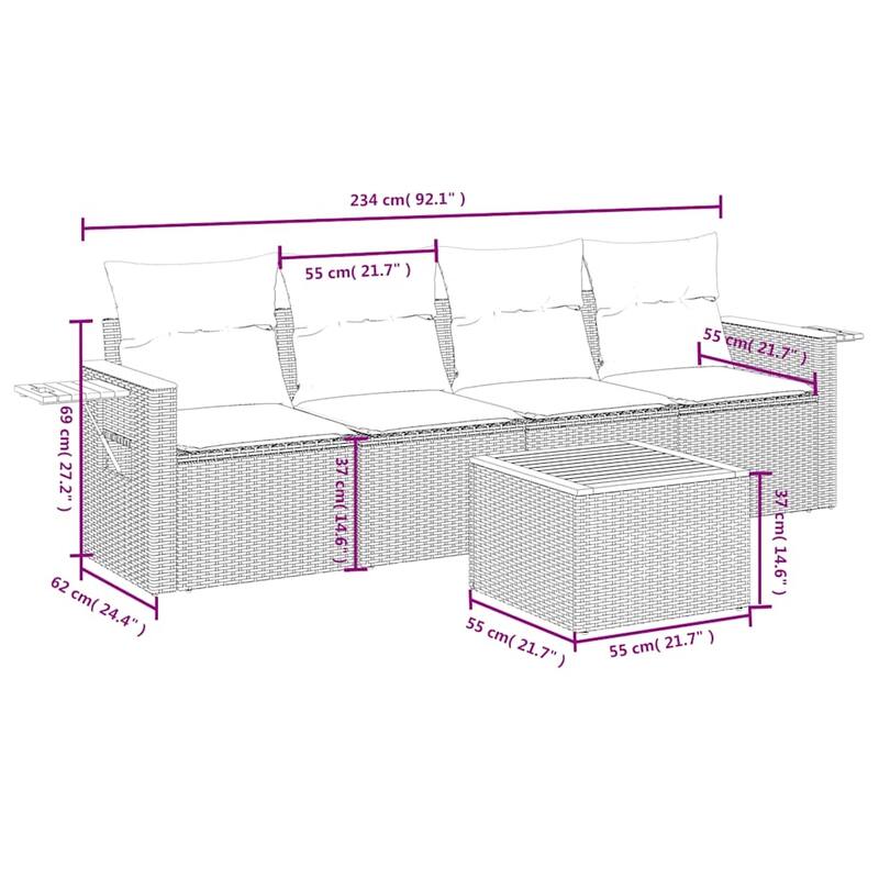 vidaXL Patio Sofa Set with Cushions Outdoor Furniture 5 Piece Poly Rattan - 21.7 x 21.7 x 14.6 in