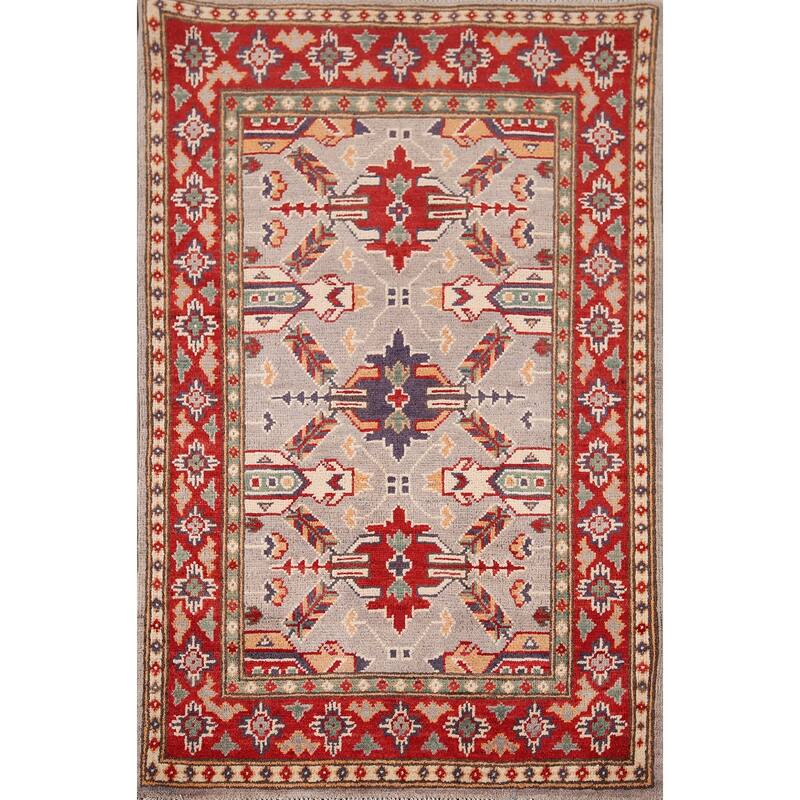 Beige Geometric Kazak Foyer Rug Handmade Wool Carpet - 2'9" x 4'2"