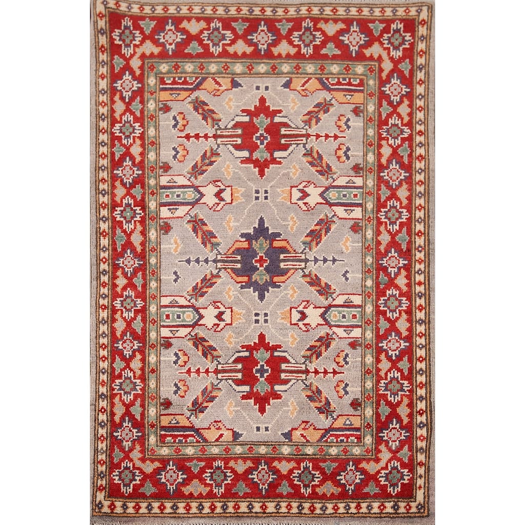 Beige Geometric Kazak Foyer Rug Handmade Wool Carpet - 2'9" x 4'2"