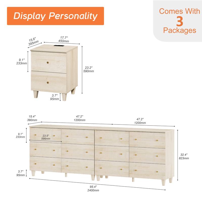 Bedroom 12-Drawer Dresser and Charging Nightstand Set, 94.4" Wide
