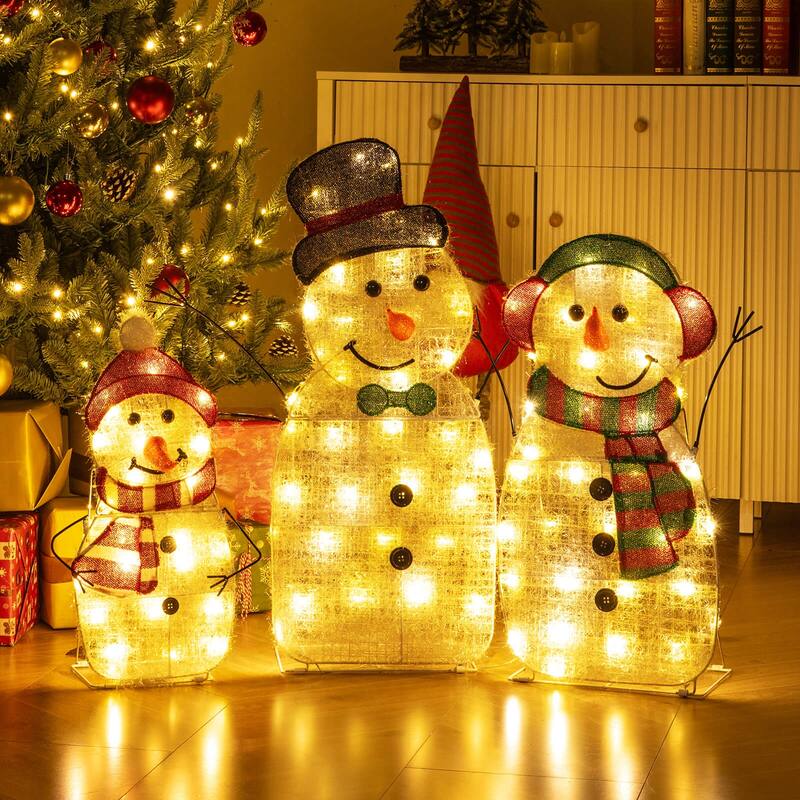 Costway 3PCS Pre-Lit 2D Snowman Set with LED Lights for Home Lawn Yard - as pic shows - See Details