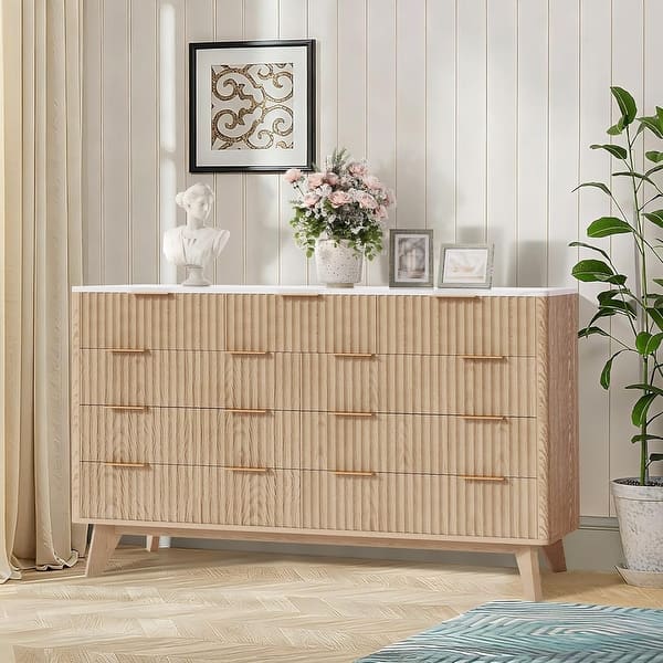 modern fluted dresser Amerlife Cropredy 6-Drawers 54" Wide Chest Faux Marble Top Natural Oak Jasper makes organizing effortless Fluted Dresser For Bedroom With