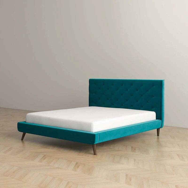 Velvet Platform Bed with Tufted Headboard and Tapered Legs, Queen Size