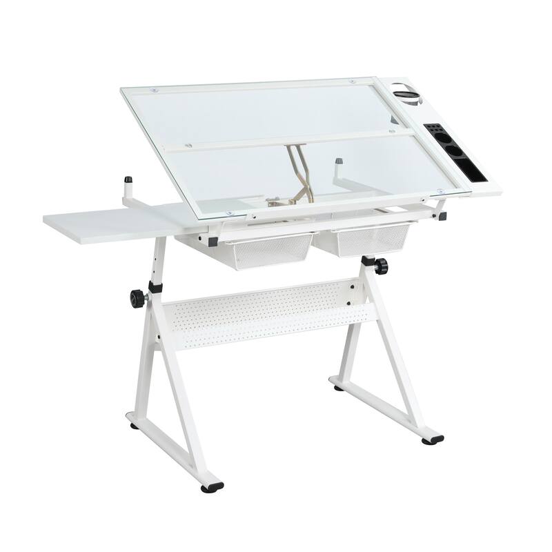 Modern Drafting Table with Adjustable Glass Surface and Storage, Includes Chair, Pen Holder, and Metal Drawers