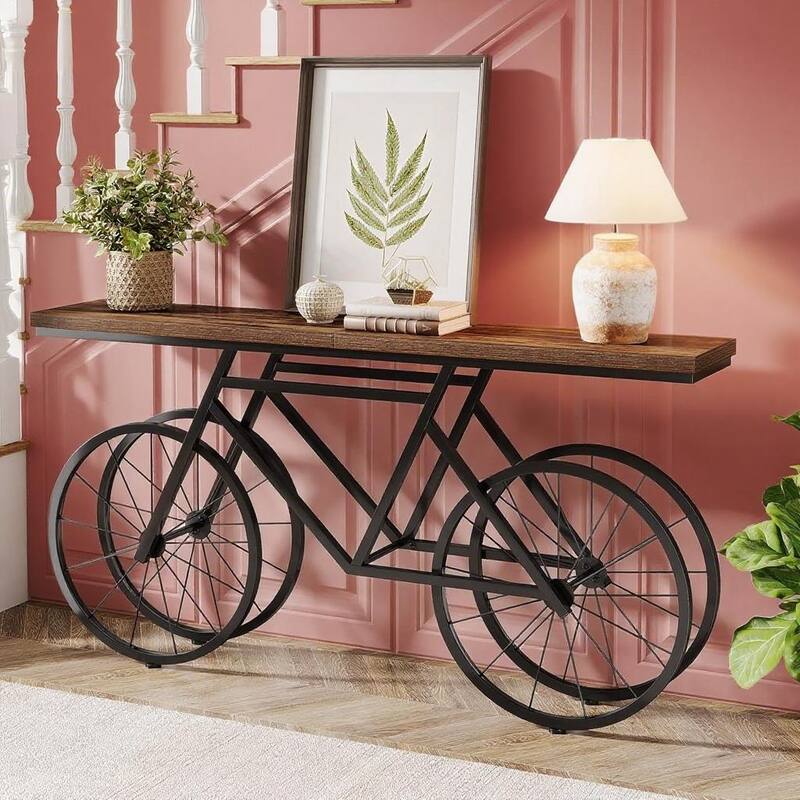 Brown-Black MDF Console Table with Bicycle Metal Base and Spacious Top - 70.86” L x 11.81” W x 33.46” H