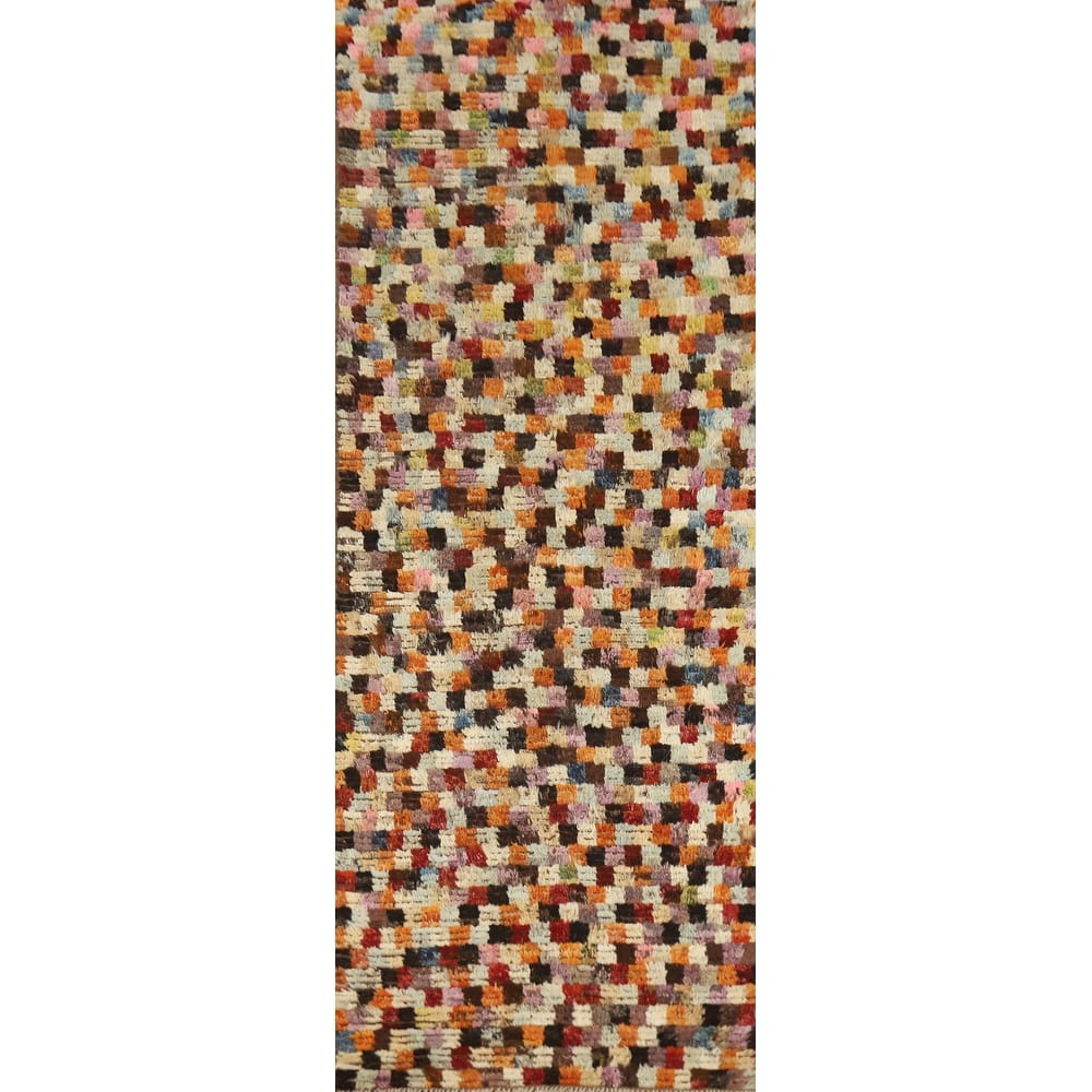 Checkered Tribal Moroccan Oriental Runner Rug Hand-Knotted Wool Carpet - 2'9" x 9'6"