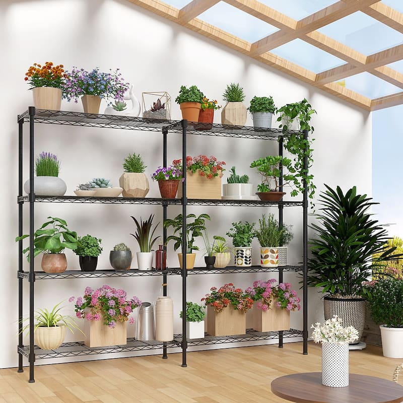 4-Tier Double-Sided Black Iron Display Rack with Adjustable Shelves and Non-Slip Feet - 147(L) x 35(W) x 150(H) cm