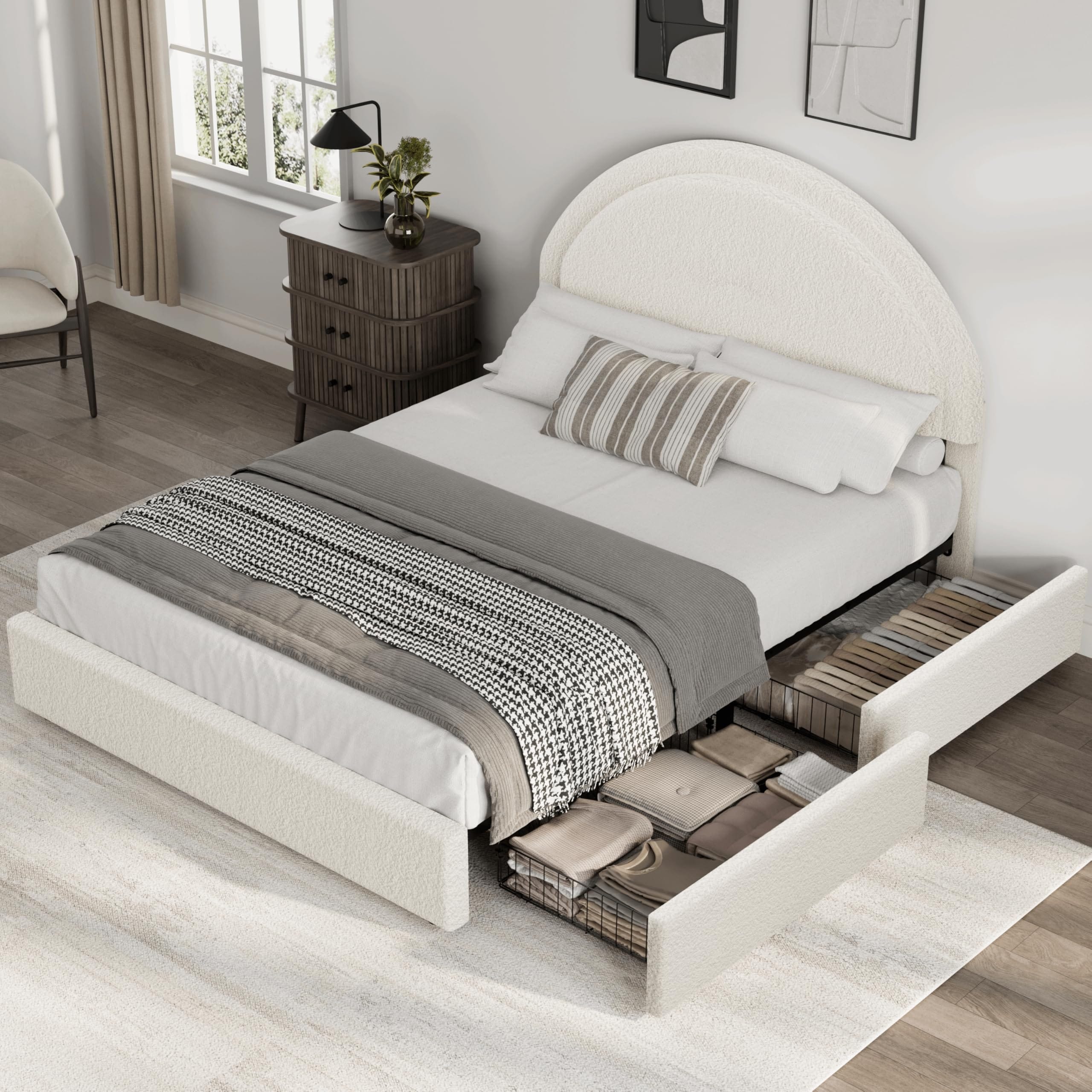 Modern Boucle Upholstered Platform Bed Frame with 2 Storage Drawers - Rounded Headboard