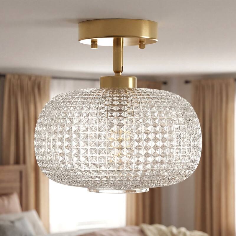Modern Copper Tone Electroplated Metal White Jade Glass One Light Flush Mount Ceiling Light 9.8 Inch Diameter