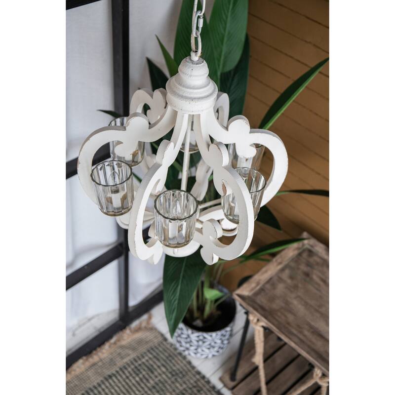 6-Light Wood Chandelier Pendant Light Fixture with Adjustable Chain for Living Room, Exquisite Cream Chandelier Lighting