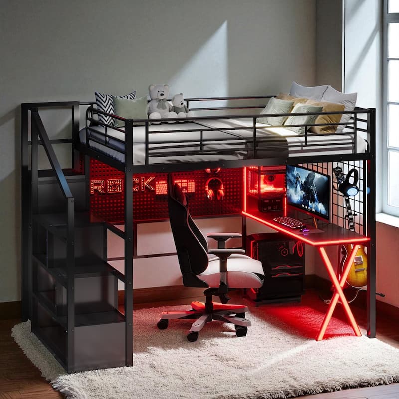 Full Size Metal Loft Bed with Desk, Wardrobe, Storage Staircase & LED Light - Space-Saving Workstation Bunk
