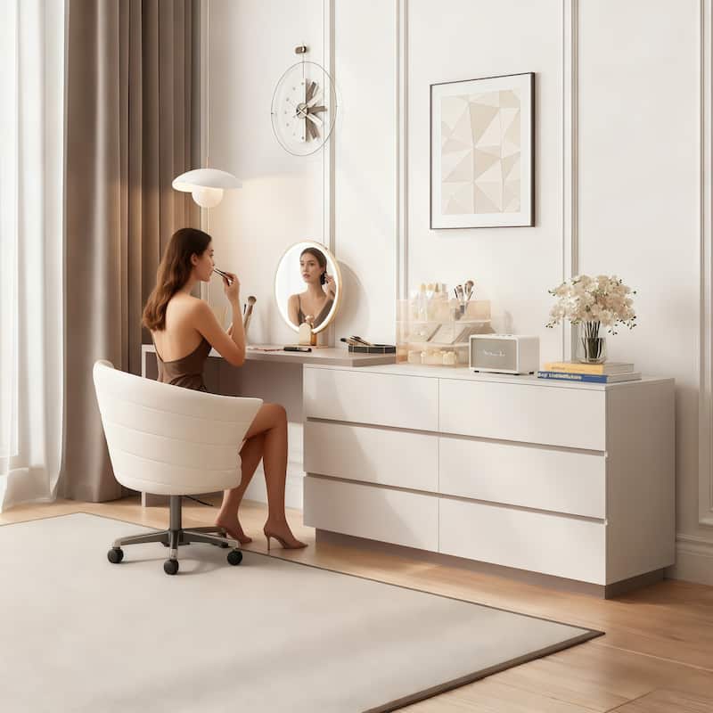 97.63" Modern Home Office Expandable Dresser Desk Combo with 6 Drawers - beige