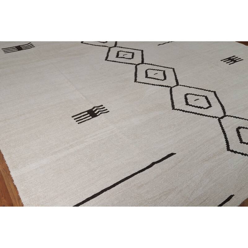 Hand Woven Oriental Cotton Carpet Southwestern Tribal Beige & Ivories Kilim Area Rug - 13' 3'' X 9' 11''