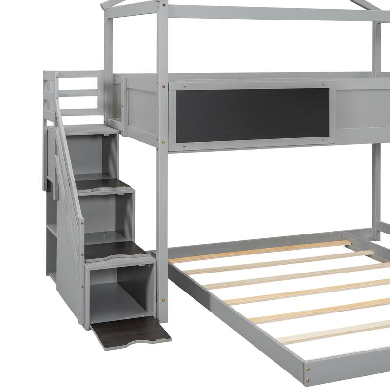 House-Shaped Twin over Full Bunk Bed with Blackboard and Storage, Gray