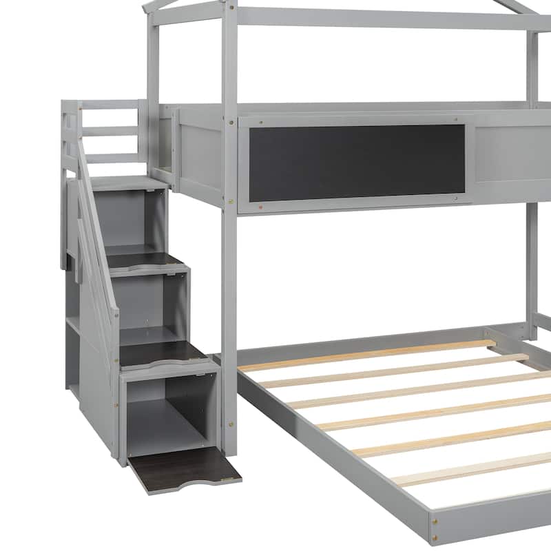 Twin Over Full House Bunk Bed With Storage Staircase And Blackboard