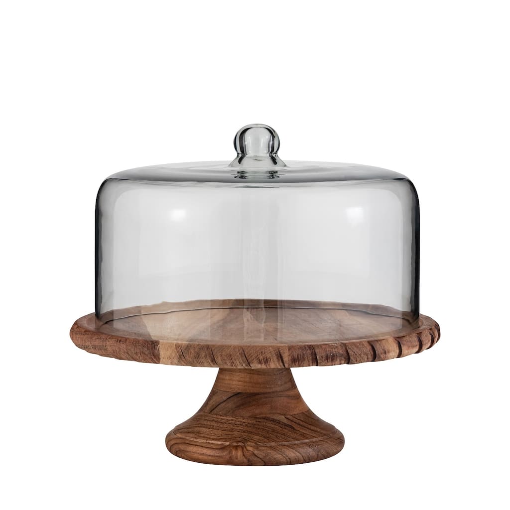 Acacia Wood Beaded Footed Cake Plate w/Glass Dome Lg