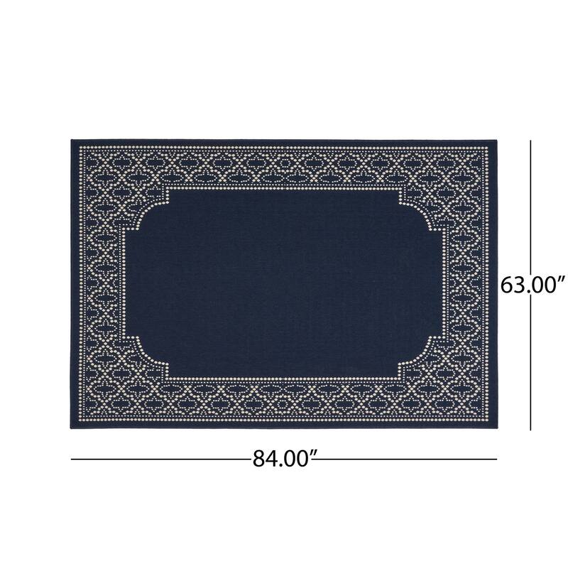 Navy Blue & Ivory Outdoor Area Rug with Elegant Border Design, Durable Polypropylene, Ideal for Patio, Deck, or Balcony
