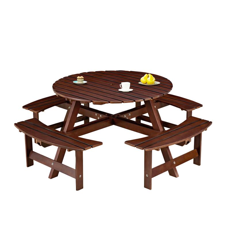 Outdoor 8 Person Picnic Table and Benches Set, Wooden Round Picnic Table with 4 Built In Benches and Umbrella Hole - Brown