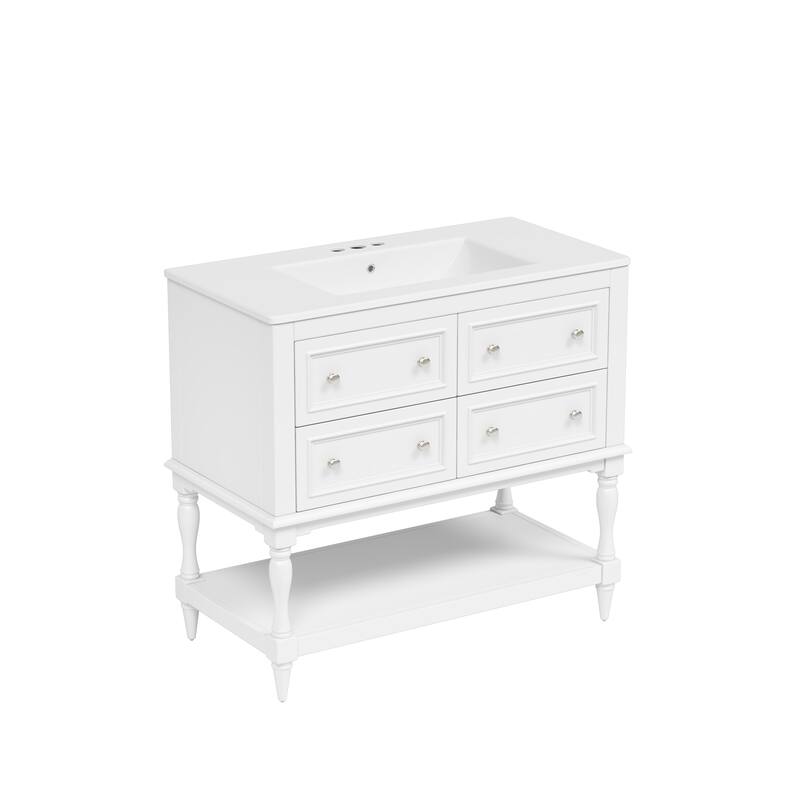 Roomfitters 36" Vanity with Undermount Ceramic Sink, Solid Wood Cabinet with 4 Drawers, Freestanding Bathroom Set