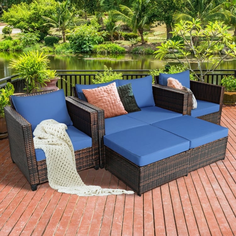 5 Pieces Patio Cushioned Rattan Furniture Set - 50" x 30.5" x 29" (L x W x H)