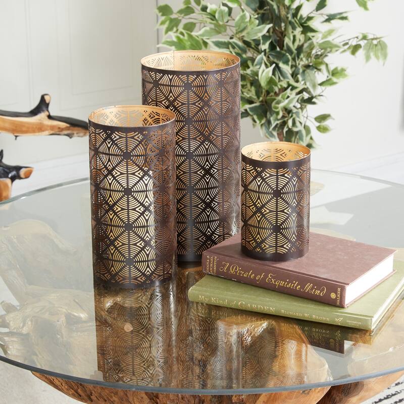 Dark Brown Metal Decorative Geometric Indoor Outdoor Candle Lantern (Set of 3)