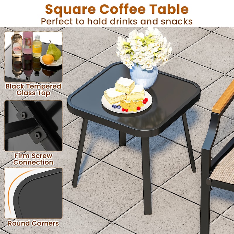 Outdoor 3-Piece Patio Set with Comfy Fabric Chairs and Glass Table for Porch or Balcony - 28" x 24" x 30"
