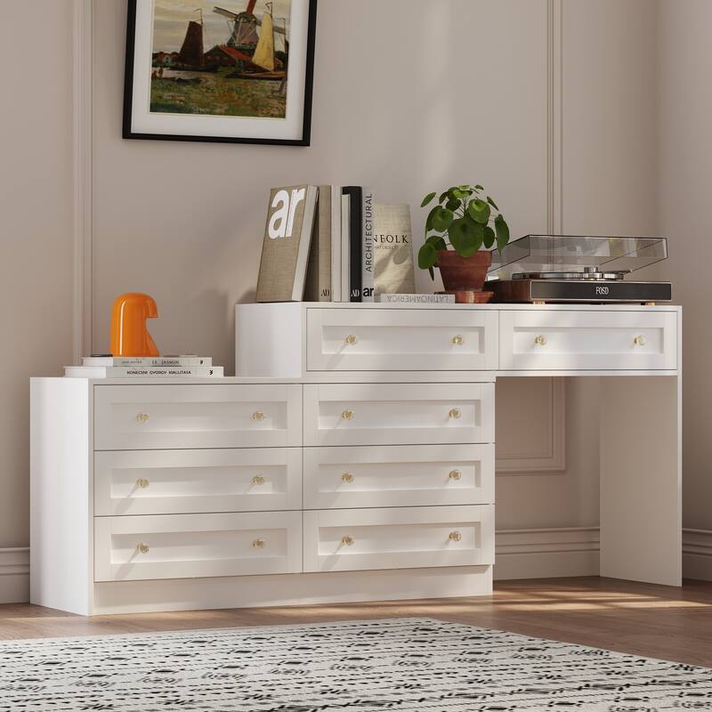 White Dresser & Vanity Combo Spacious Storage with Chic Crystal Knobs