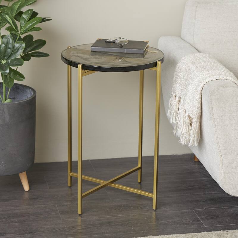 Metal X-Shaped Accent Table with Textured Glass Tabletop - Gold - Roche River Decor