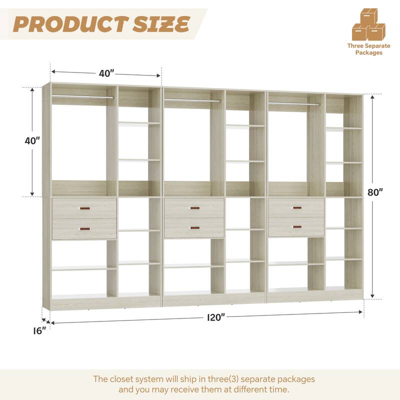 40'' Large Closet System with 10 Shelves and 2 Drawers, Freestanding Closet Organizer with Hanging Rods