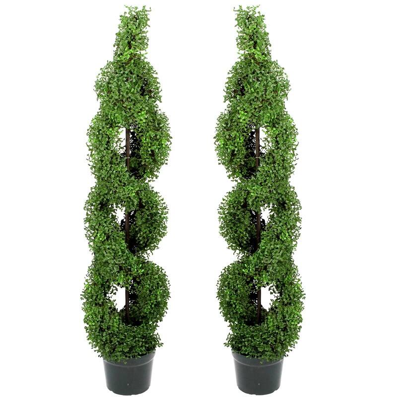 5' Faux Boxwood Double-Spiral Topiary Tree in Plastic Pot (Set of 2) - GTR4631-NATURAL-2