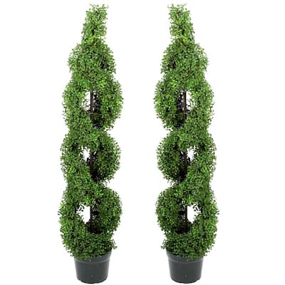 5' Faux Boxwood Double-Spiral Topiary Tree in Plastic Pot (Set of 2) - GTR4631-NATURAL-2