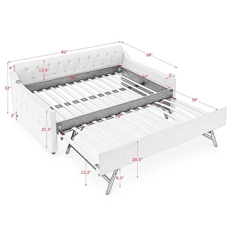 Upholstery Daybed with Erectable Trundle & USB Design