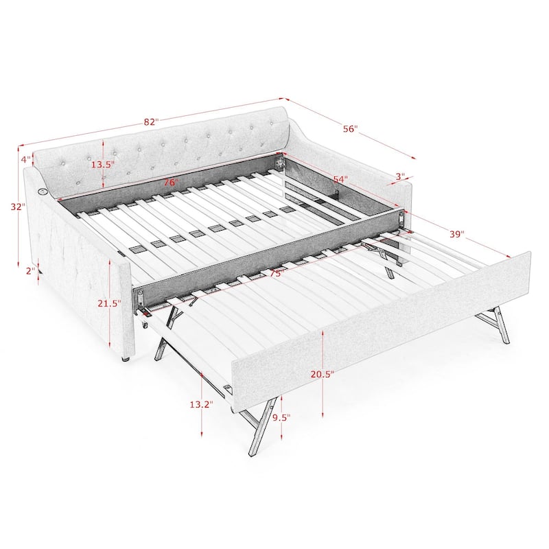 Upholstery Daybed with Twin Size Erectable Trundle and USB Charging Design