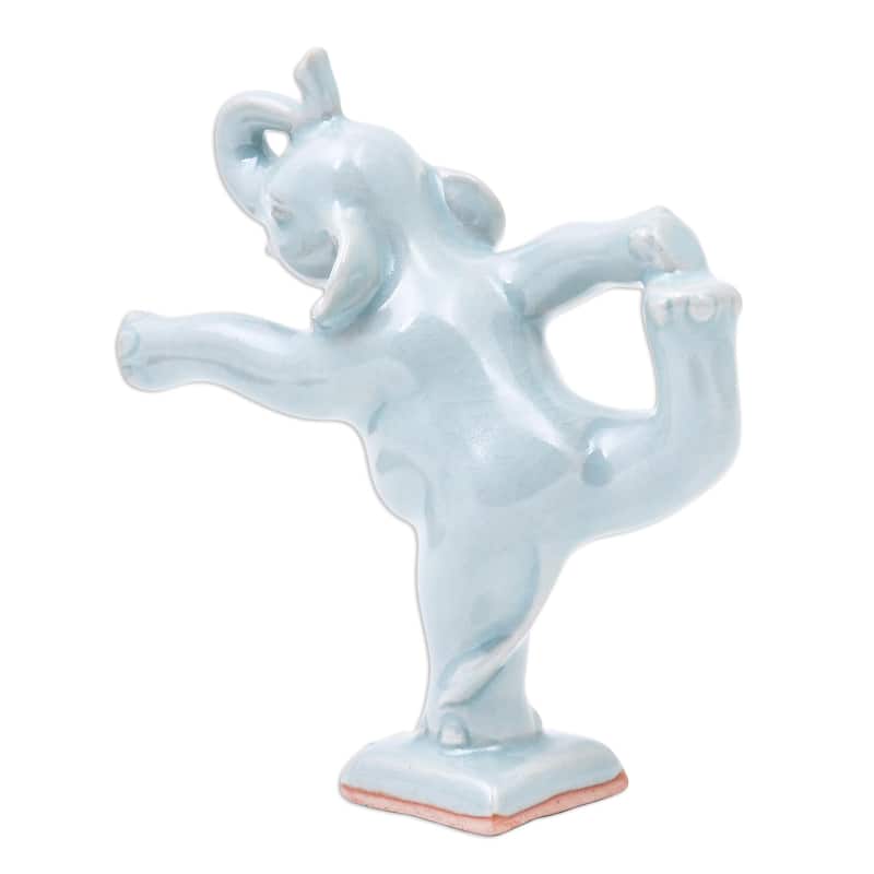 Novica Handmade Elephant Mountain Pose Celadon Ceramic Figurine