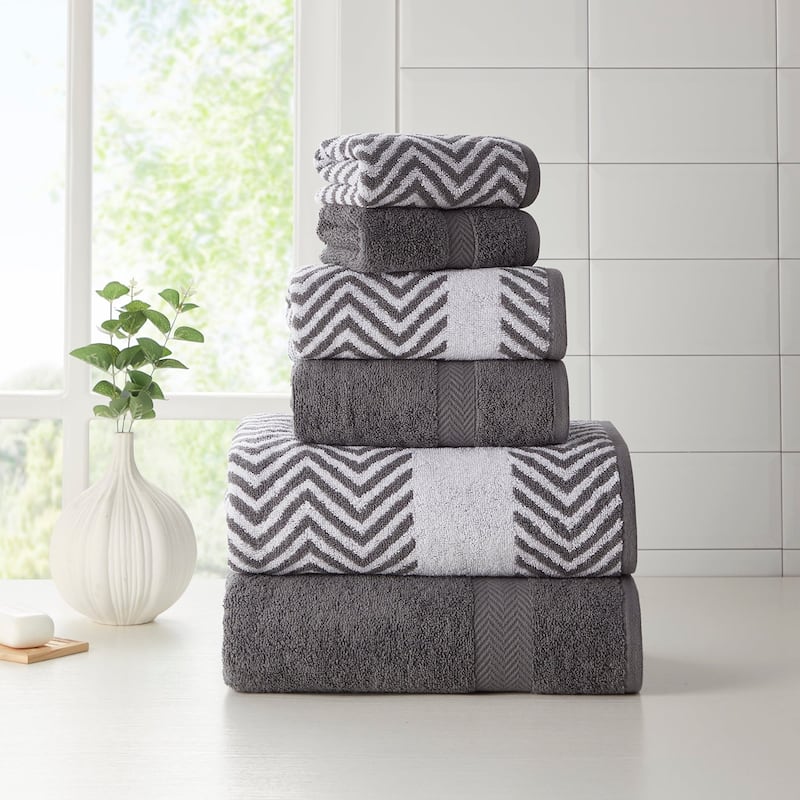 Kathy Ireland 6 Piece Chevron Jacquard Towel Set with LetsDry - Charcoal