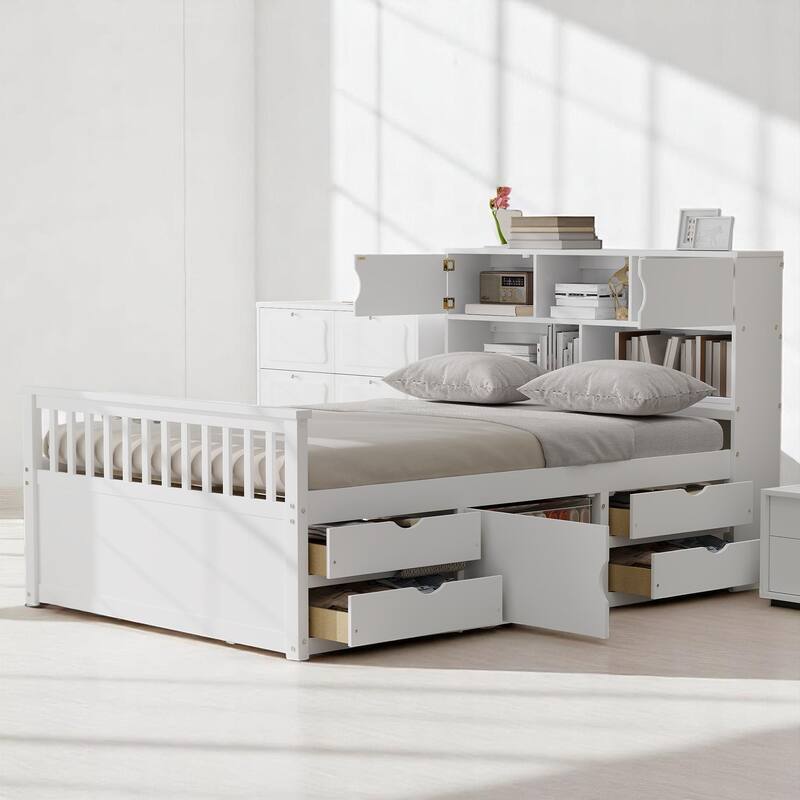 Full Size Captain Platform Bed with Bookcase Headboard, 4 Storage Drawers, and Adjustable Shelves, Gray Wood Frame